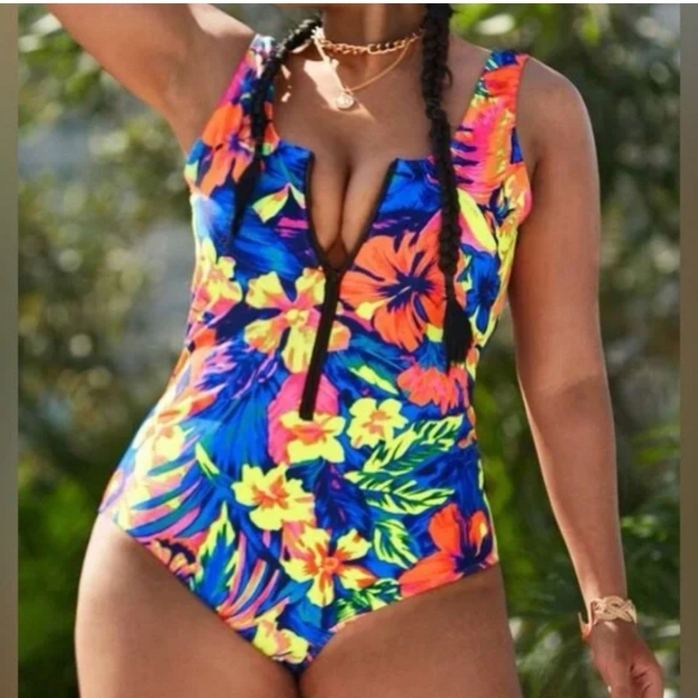 SHEIN Red and Blue One Piece Swimsuit Tropical Floral